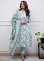 Cotton Mint Casual Wear Printed Readymade Kurti Set